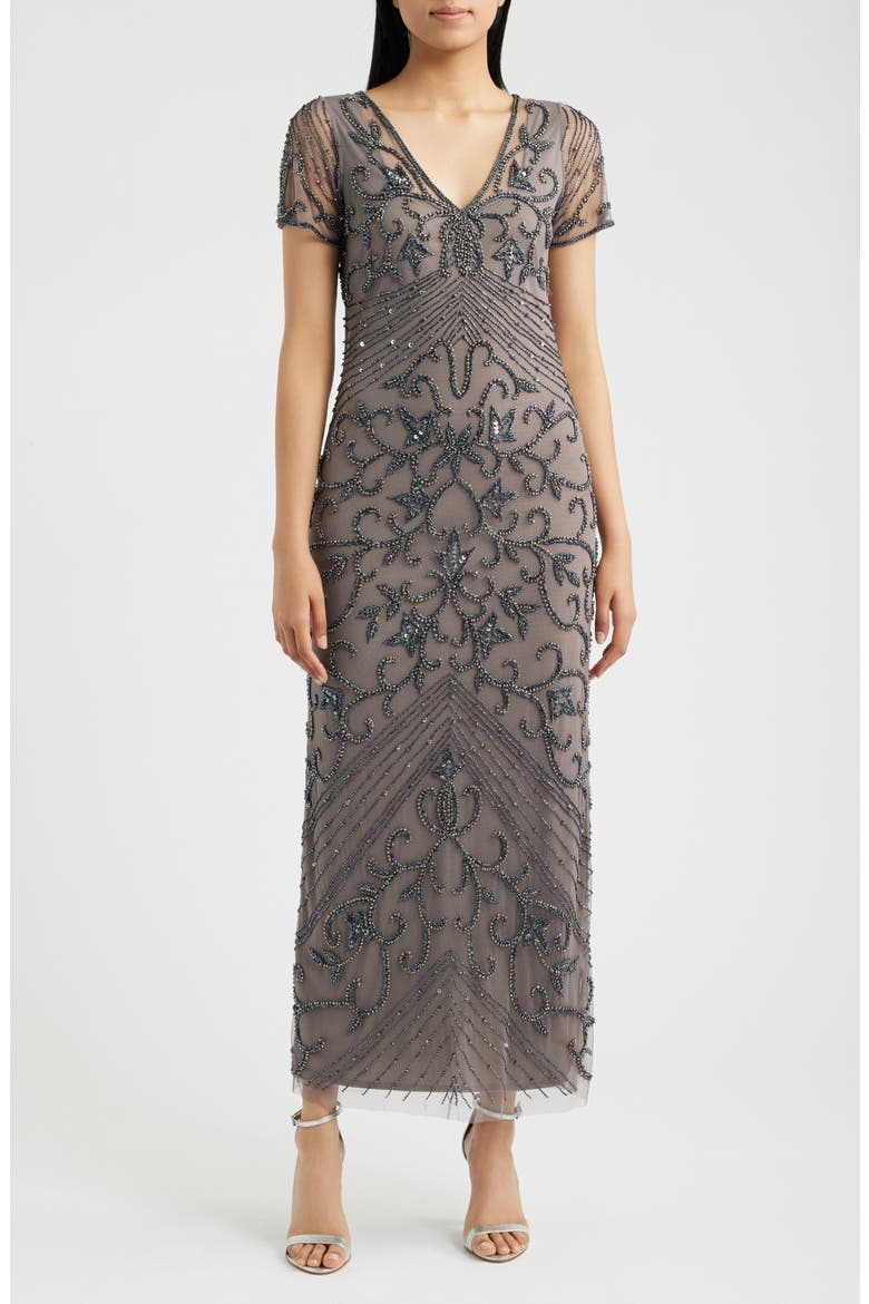 Beaded Mesh Column Gown, Main, color, SMOKE 021
