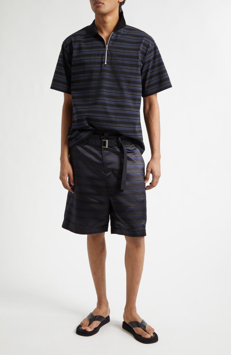 Sacai Belted Mixed Media Horizontal Stripe Shorts, Alternate, color, Black/ Navy