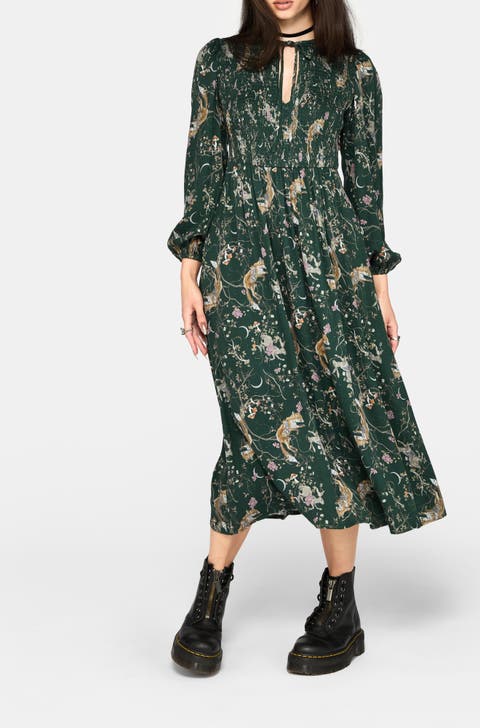 Renard Print Smocked Keyhole Midi Dress