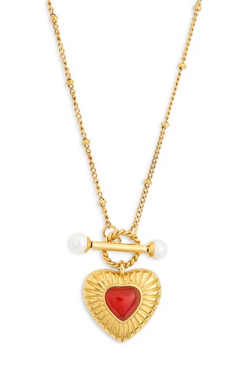 Knotty Heart Bar Faux Pearl Toggle Necklace In Gold