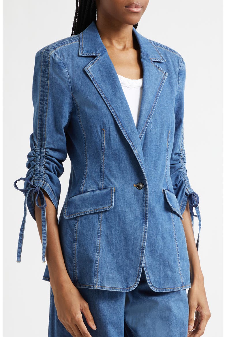 Norah Ruched Sleeve Denim Blazer, Alternate, color, LIGHT WASH