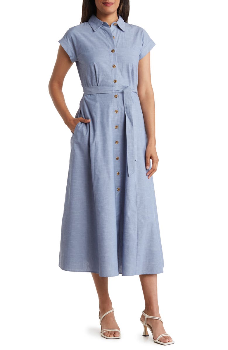 Calvin Klein Cap Sleeve Cotton Chambray Shirtdress, Main, color, 