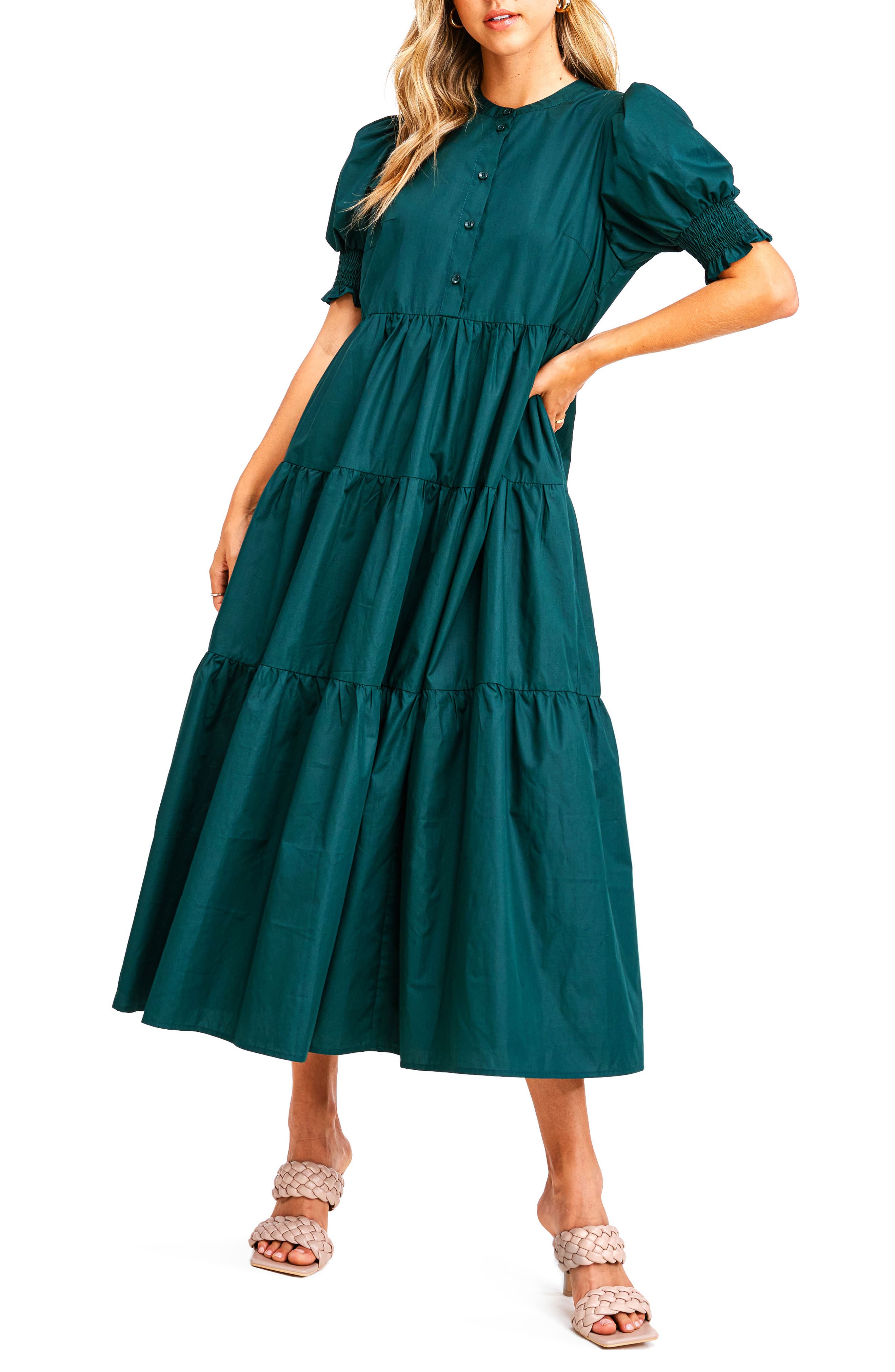 En Saison Poplin Tiered Puff Sleeve Dress (Women) | Nordstromrack
