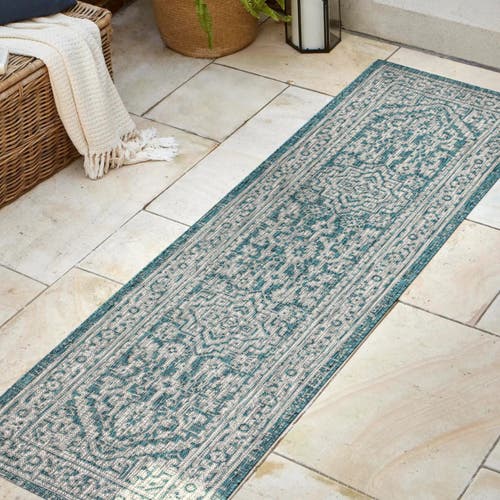 Jonathan Y Sinjuri Medallion Textured Weave Indoor/outdoor Area Rug In Teal Blue/gray