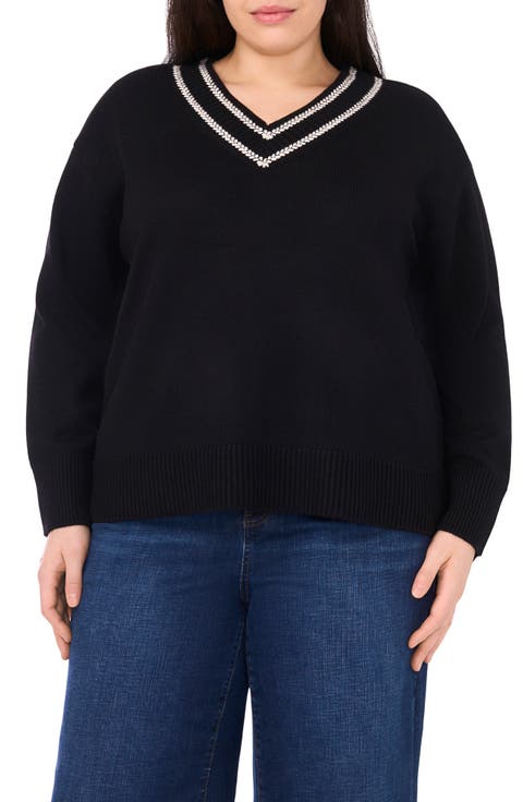 Embroidered Trim Sweater (Plus)