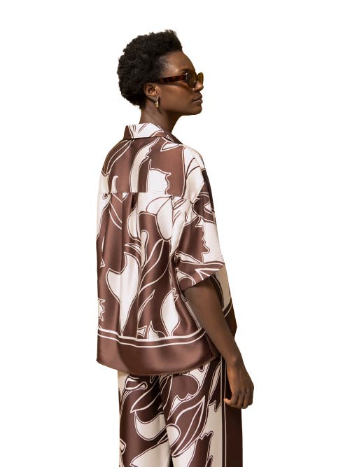 Ro&zo Swirl Collared Placement Blouse In Brown