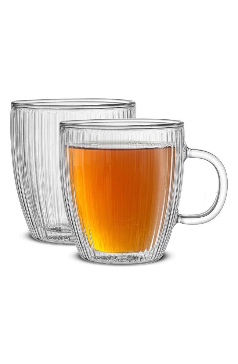 JoyJolt Set of Two Fluted Savor Double Wall Coffee Mug, Alternate, color, Clear