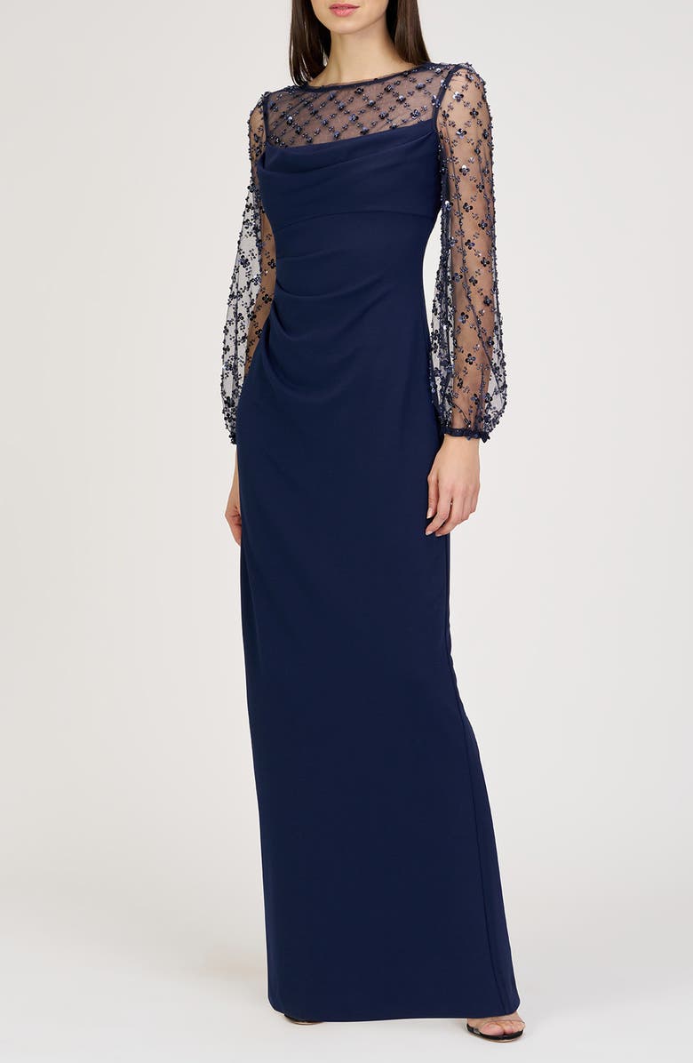 JS Collections Risha Metallic Floral Appliqué Detail Long Sleeve Crepe Column Gown, Main, color, Deep Navy