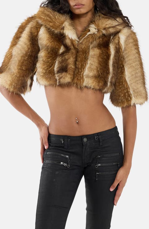 Cropped Oversized Shoulder Faux Fur Jacket