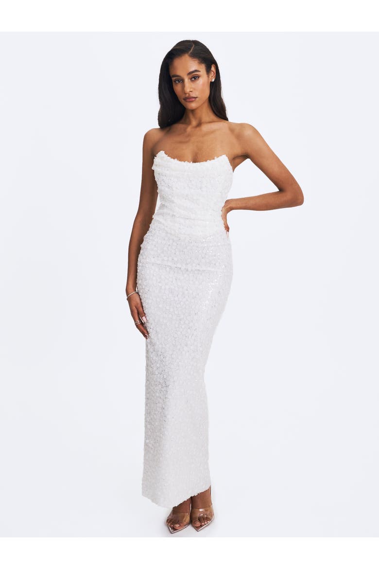 Myra Beaded Mesh Strapless Maxi Dress, Alternate, color, White