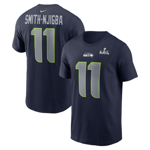 Men's Nike Jaxon Smith-Njigba College Navy Seattle Seahawks Super Bowl LX Patch Name & Number T-Shirt