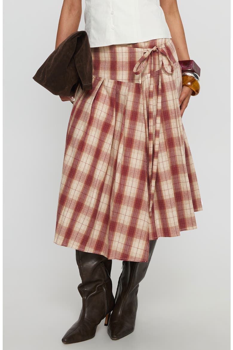Norie Pleated Cotton Wrap Skirt, Main, color, RED PLAID