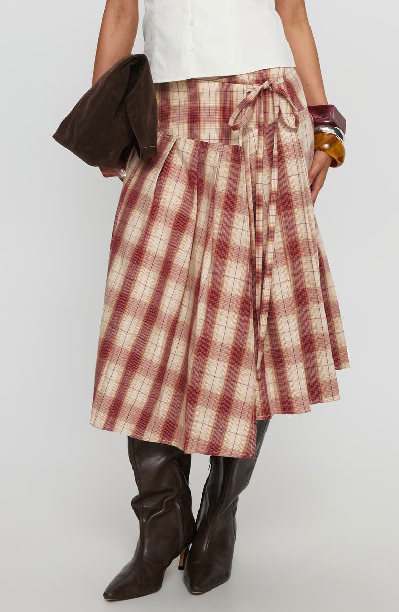 Princess Polly Norie Pleated Cotton Wrap Skirt, Main, color, Red Plaid