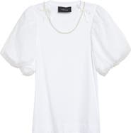 Simone Rocha Tulle Overlay Puff Sleeve T-Shirt with Faux Pearl Trim