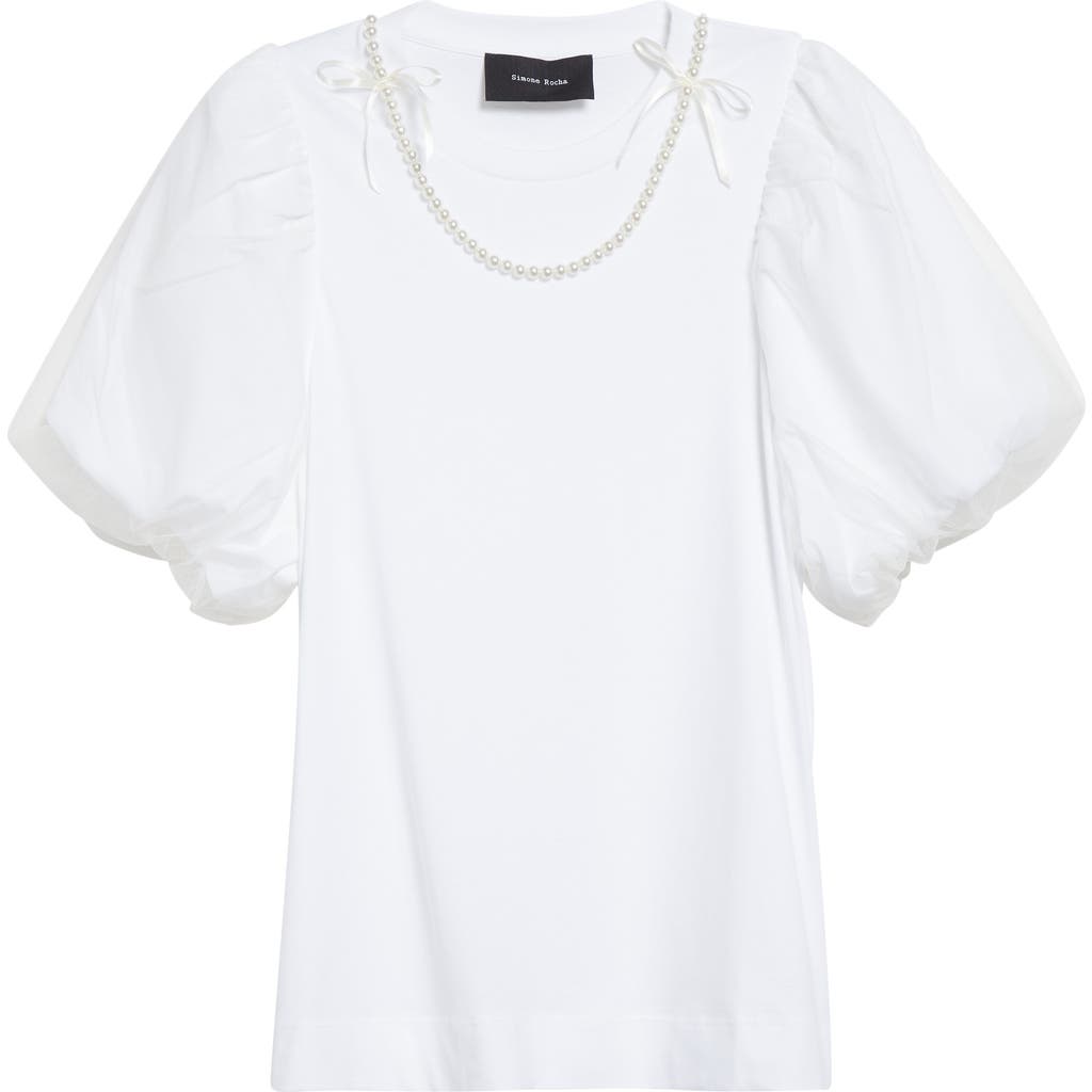 Simone Rocha Tulle Overlay Puff Sleeve T-shirt With Faux Pearl Trim In White