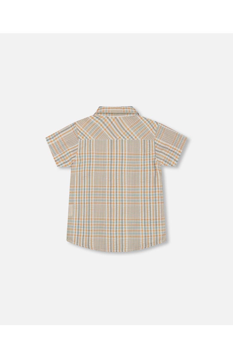 Deux par Deux Little Boy's Short Sleeve Button Down Shirt Beige And Sage Plaid, Alternate, color,