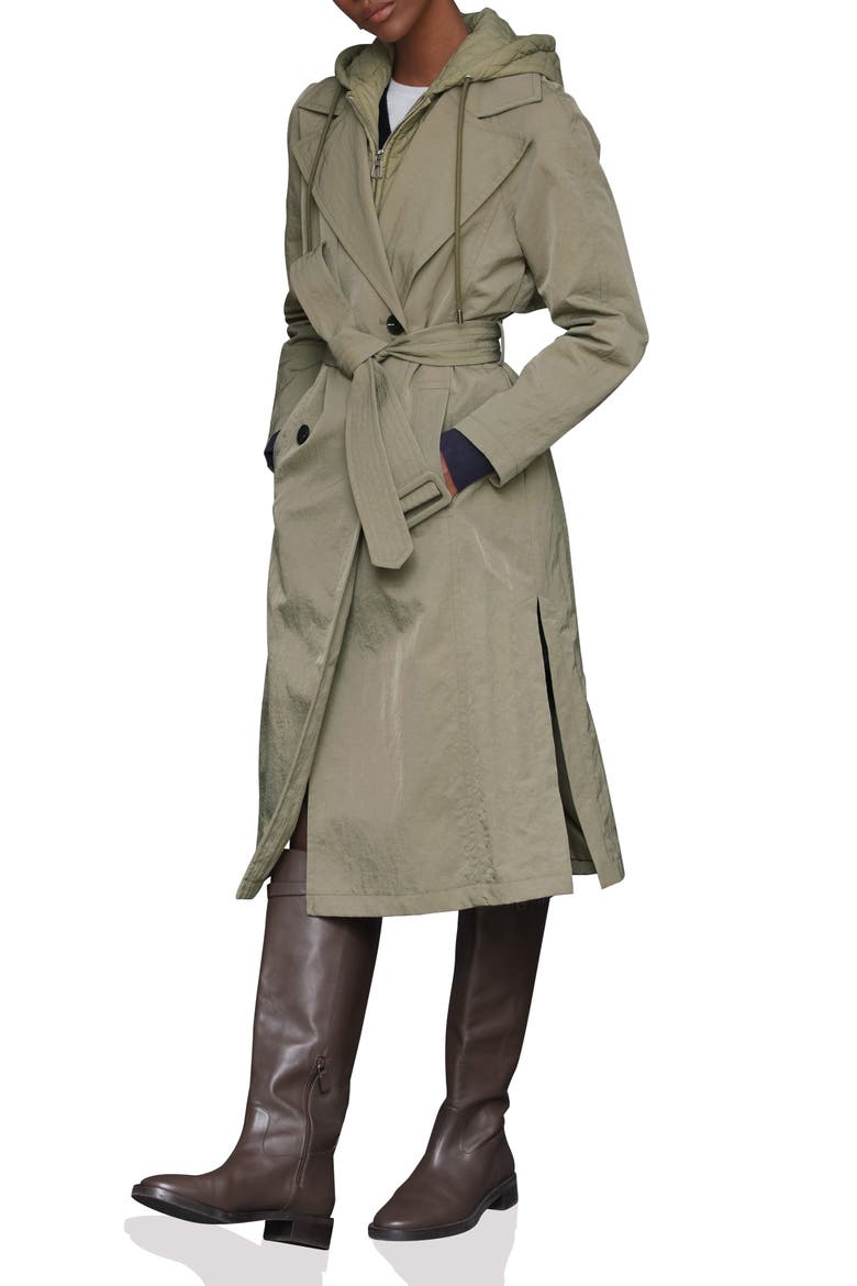Double Breasted Trench with Hooded Quilted Bib, Alternate, color, SAGE