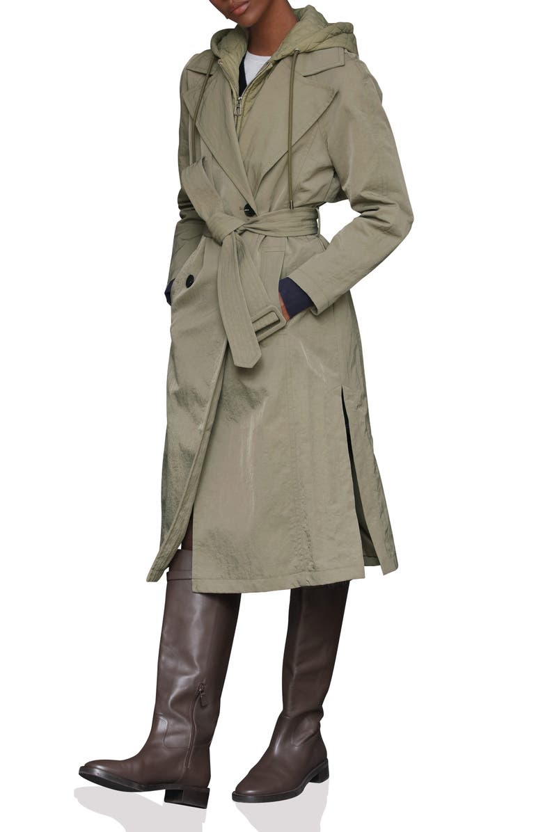 Avec Les Filles Double Breasted Trench with Hooded Quilted Bib, Alternate, color, Sage
