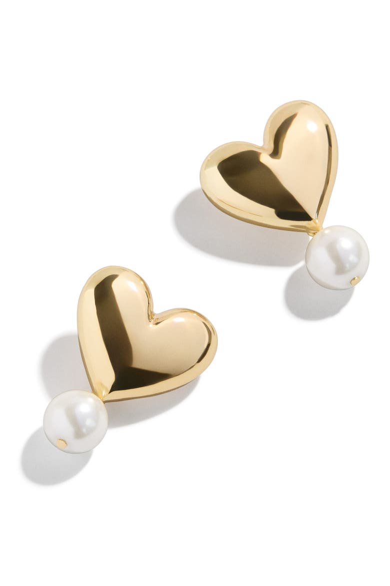 Imitation Pearl Heart Stud Earrings, Main, color, GOLD