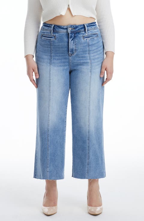 Seamed Raw Hem Ankle Wide Leg Jeans (Plus)