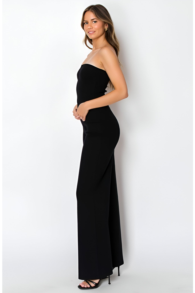Strapless Button-Front Top and Wide-Leg Pants Set with Sleek Silhouette, Alternate, color, Black