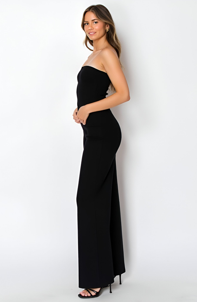 Modenaire Strapless Button-Front Top and Wide-Leg Pants Set with Sleek Silhouette, Alternate, color, Black