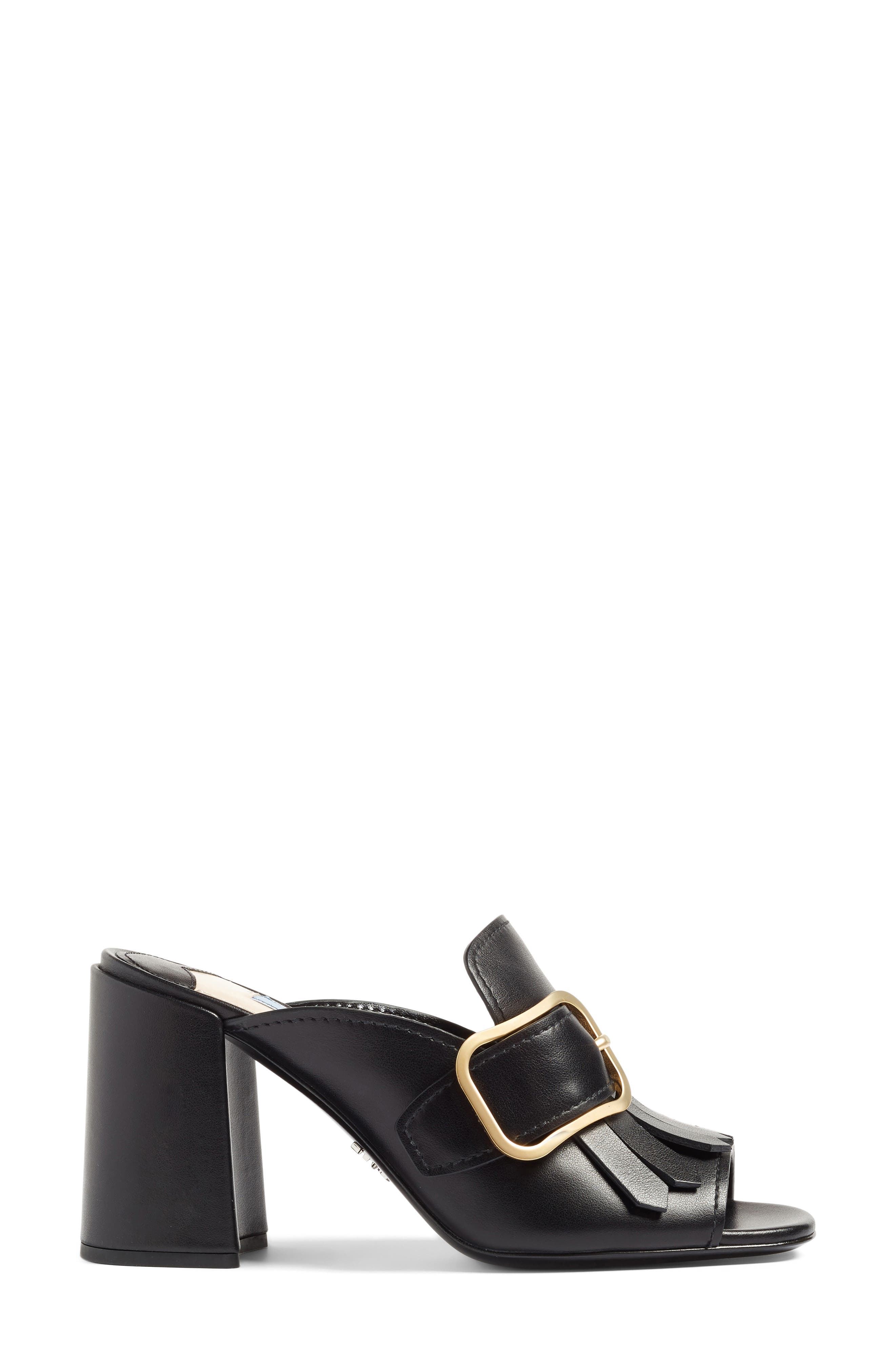 Prada Kiltie Fringe Buckle Strap Mule, Alternate, color, 