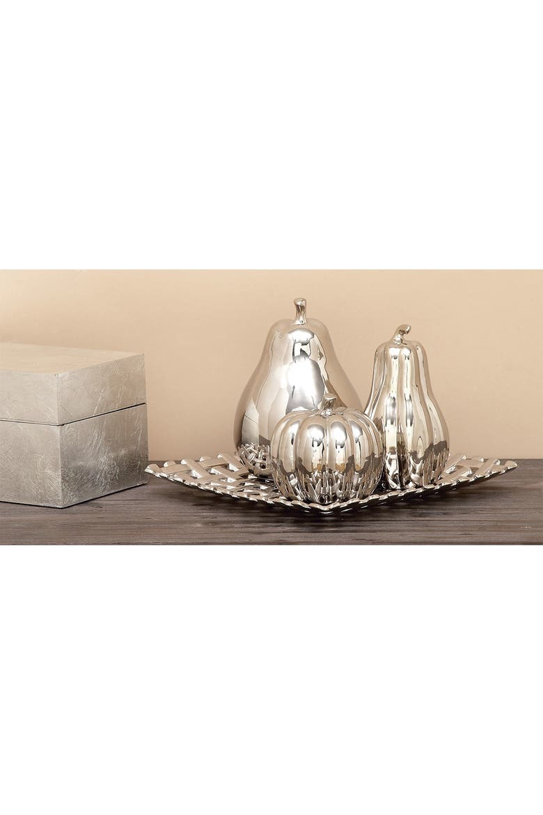 Silver Ceramic Decorative Fruit Sculpture with Plate - Set of 4, Alternate, color, SILVER