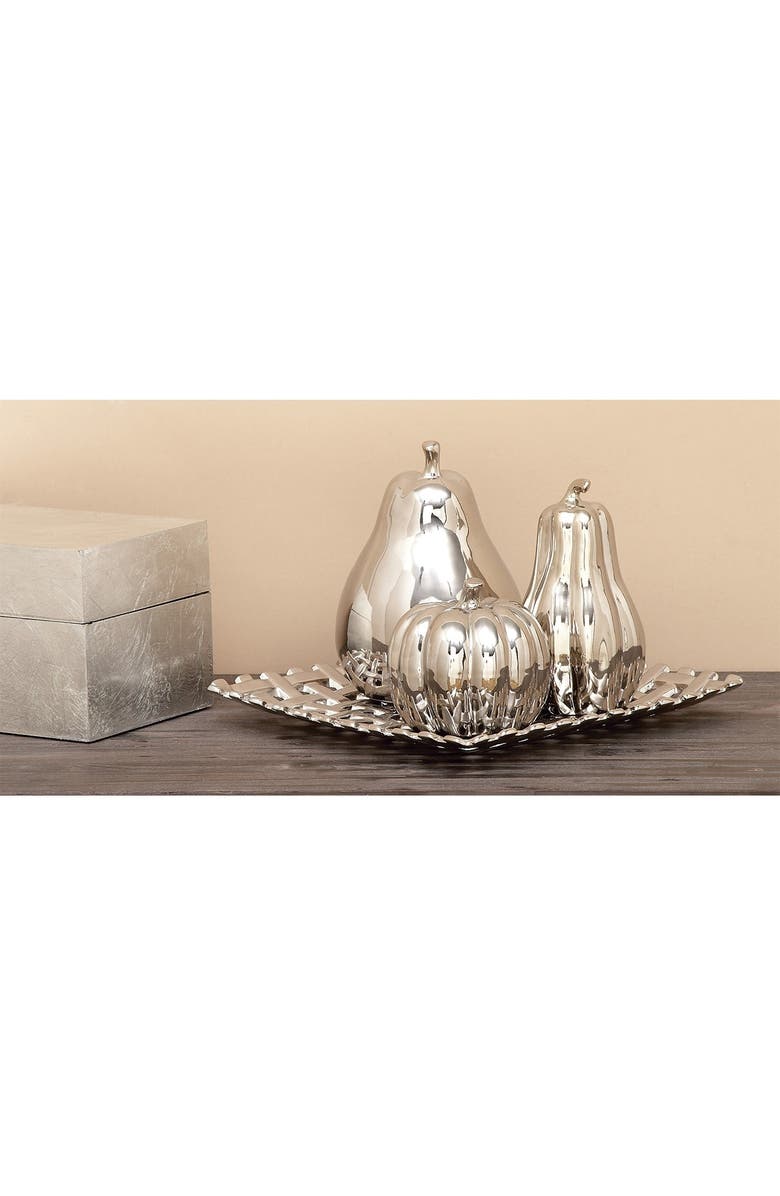 WILLOW ROW Silver Ceramic Decorative Fruit Sculpture with Plate - Set of 4, Alternate, color, Silver