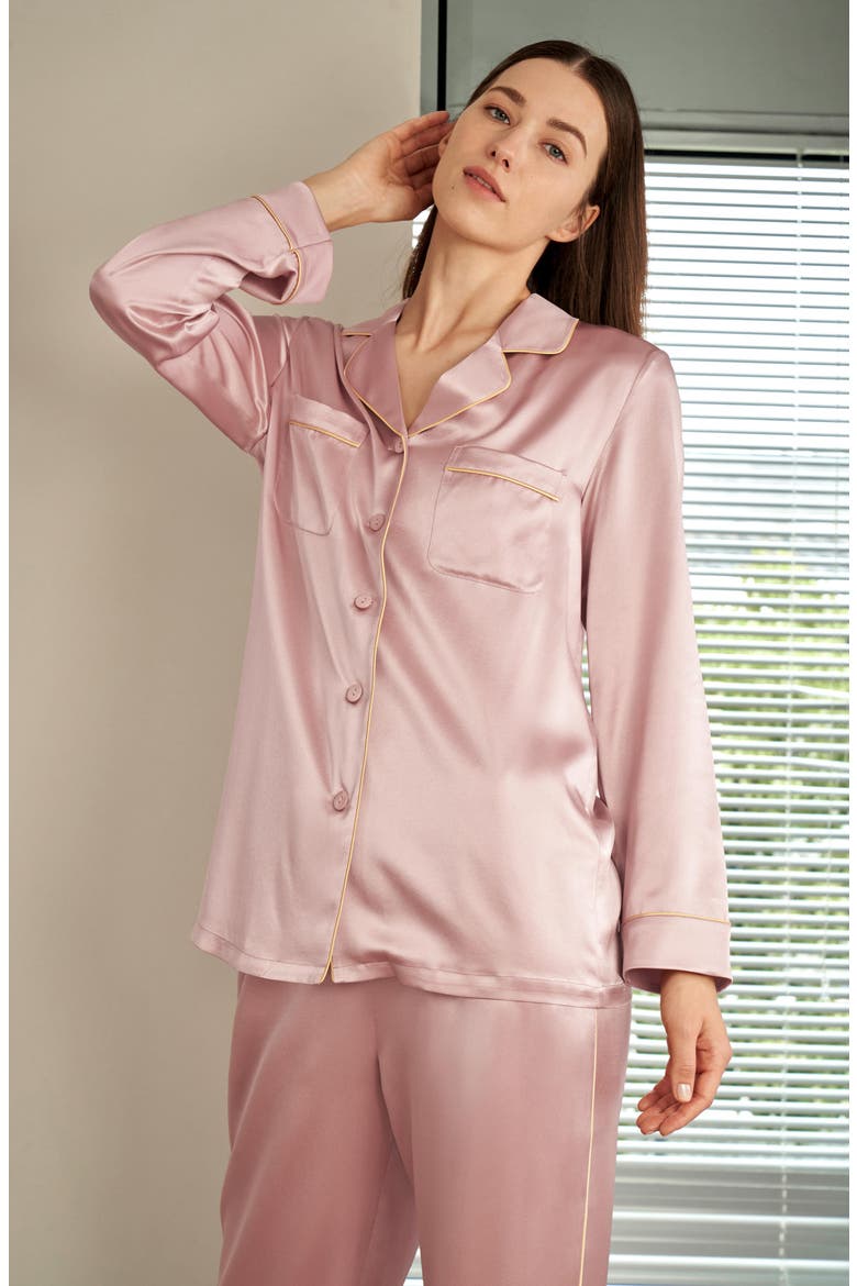 Women's Gold Piping Silk Pajamas Set, Alternate, color, Rosy Pink