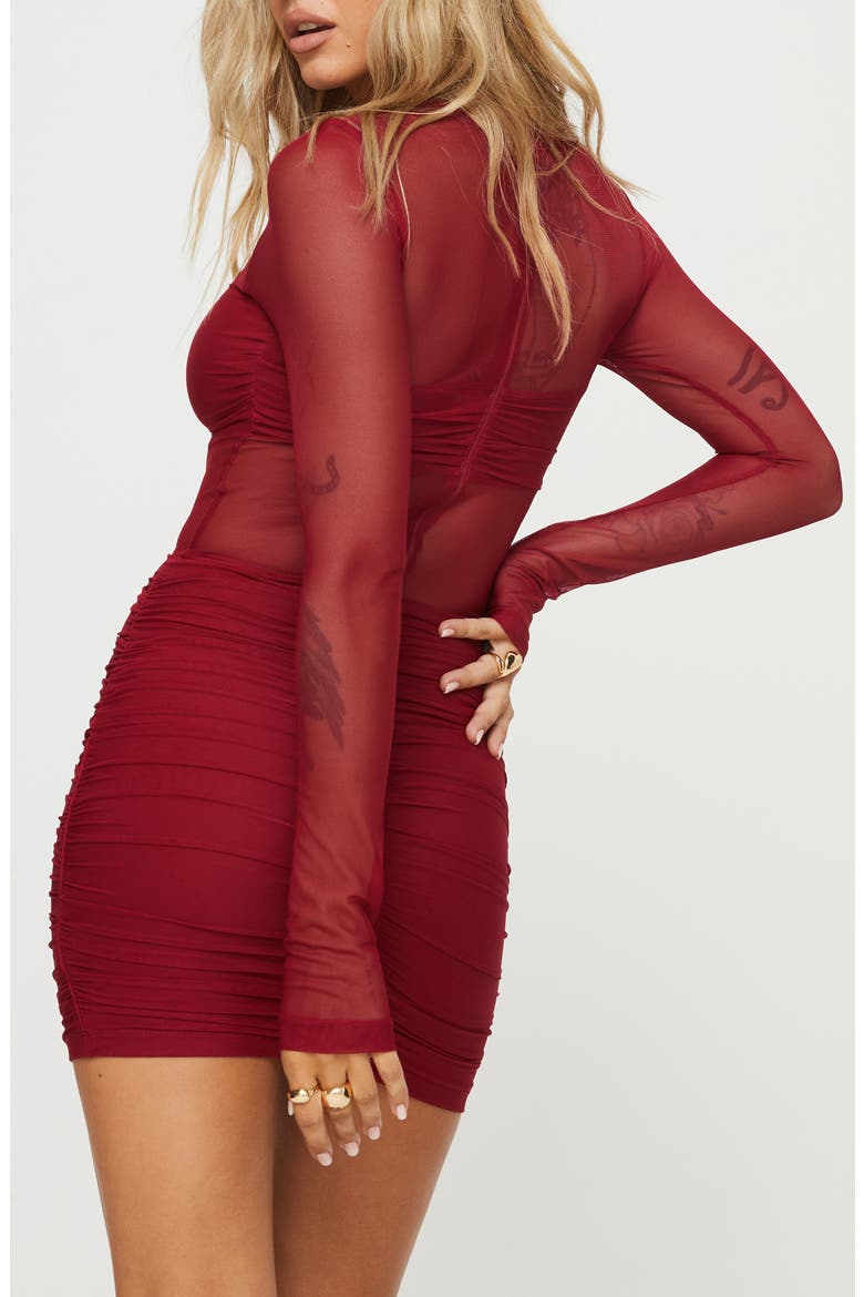 Hapstall illusion Mesh Long Sleeve Minidress, Alternate, color, DARK RED
