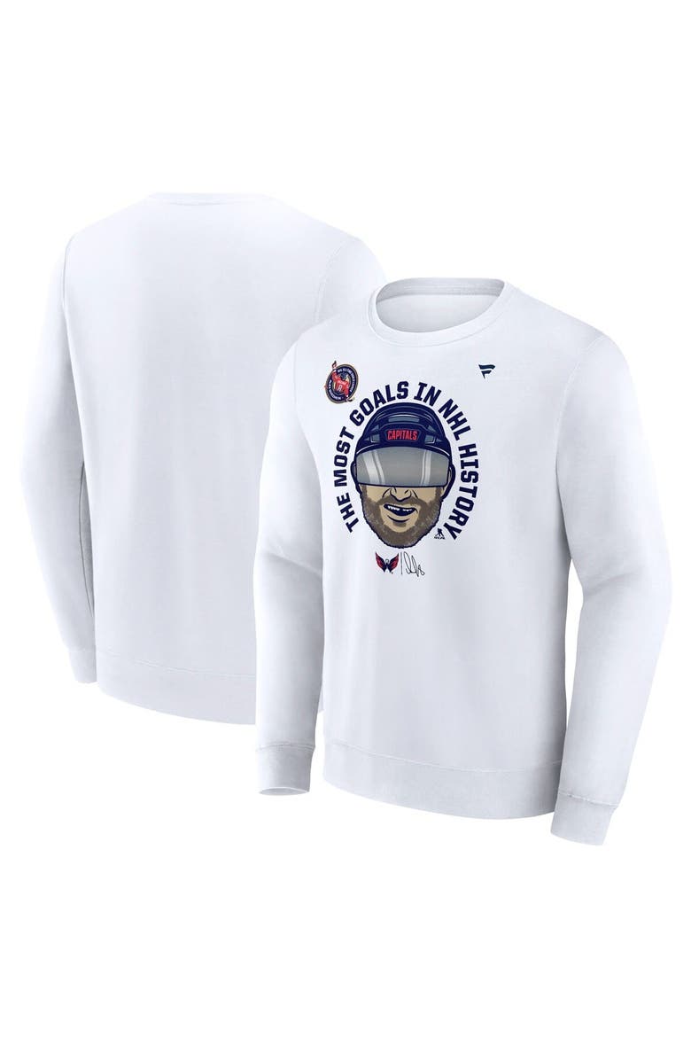 Men's Fanatics Alexander Ovechkin White Washington Capitals NHL All-Time Leading Goal Scorer GR8 Caricature Fleece Pullover Sweatshirt, Alternate, color, White