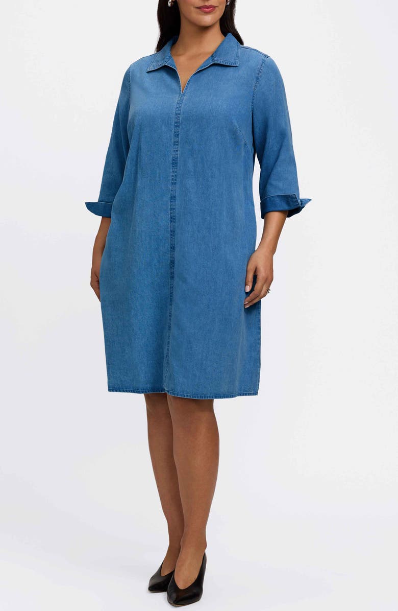 Foxcroft Agnes Tie Waist Denim Dress, Alternate, color, Medium Wash