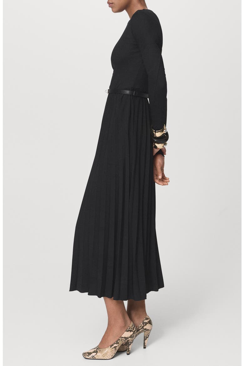 Pleated Belted Maxi Dress, Alternate, color, BLACK