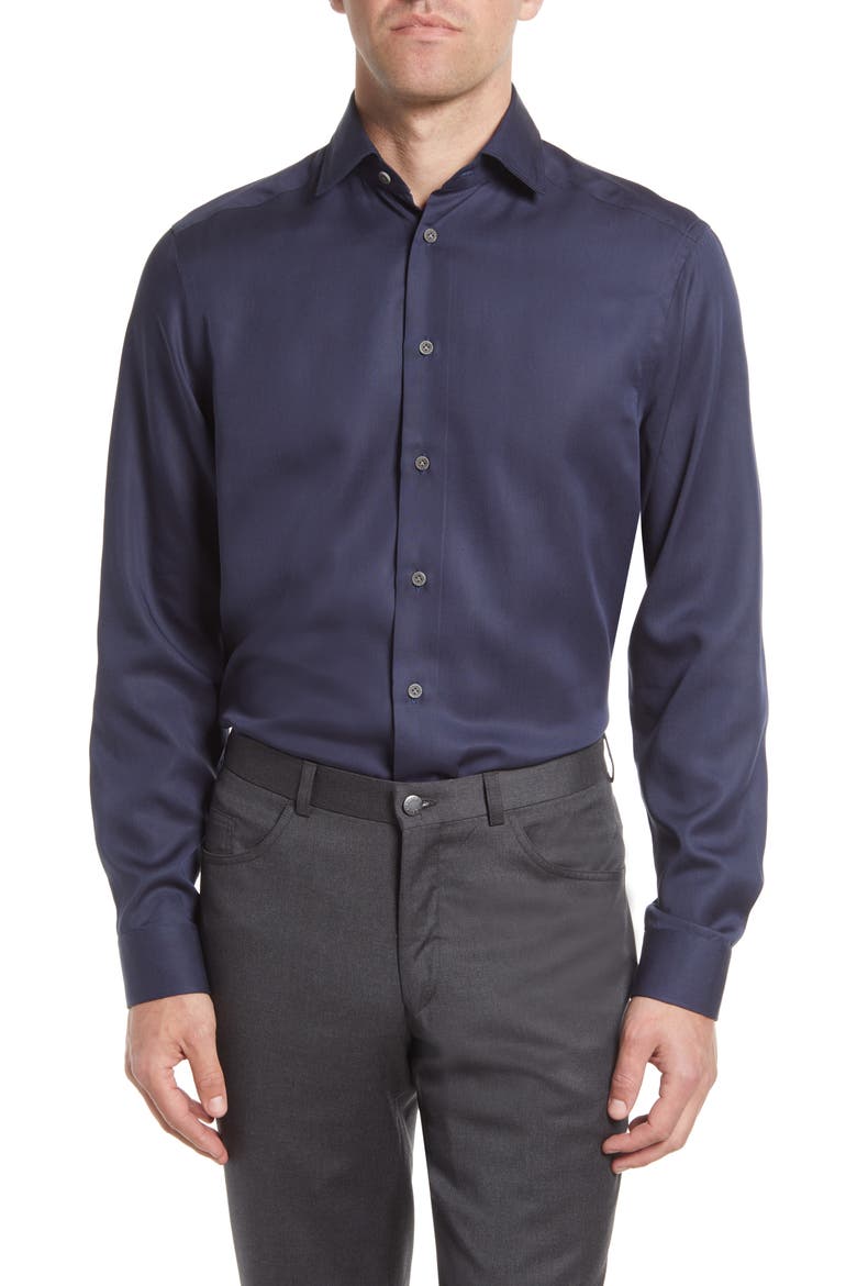 Chambray Button-Up Shirt, Main, color, NAVY
