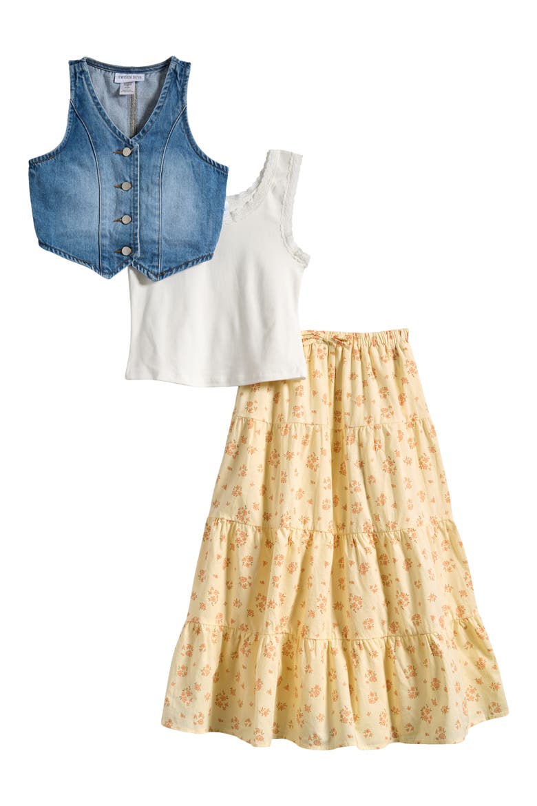 Kids' Denim Vest, Lace Trim Tank Top & Floral Tiered Skirt, Main, color, LIGHT YELLOW