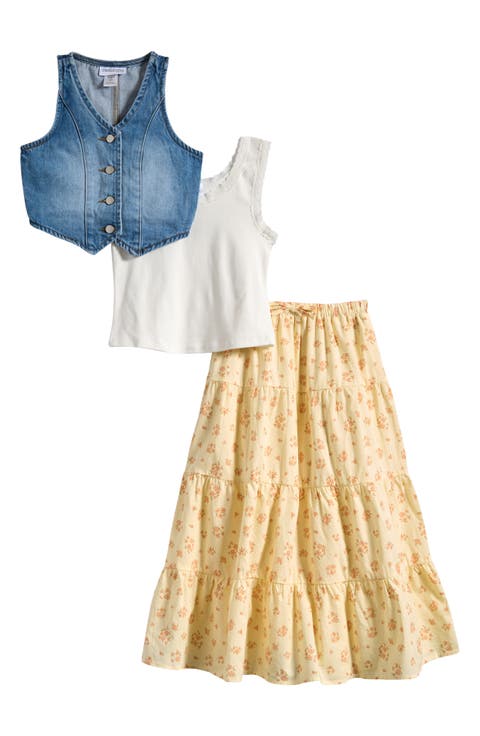 Kids' Denim Vest, Lace Trim Tank Top & Floral Tiered Skirt (Big Kid)