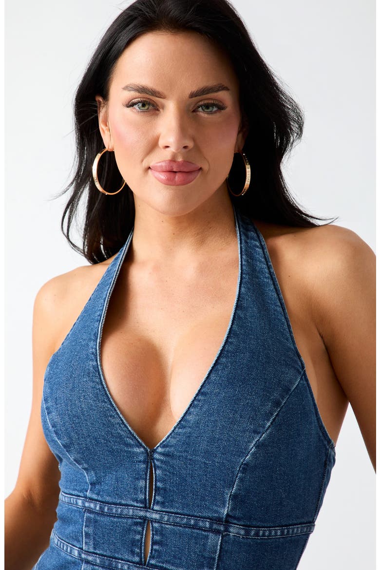 Val Halter Denim Jumpsuit, Alternate, color, BLUE