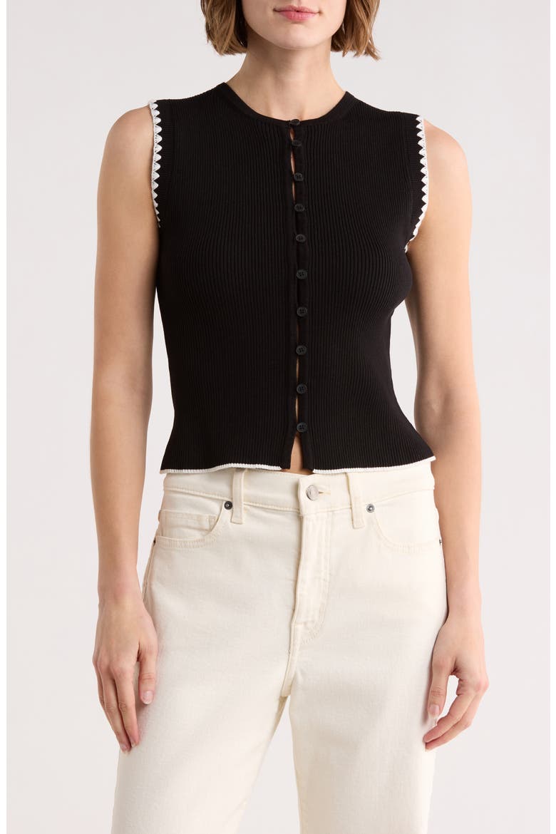 Contrast Stitch Knit Button Front Top, Main, color, BLACK