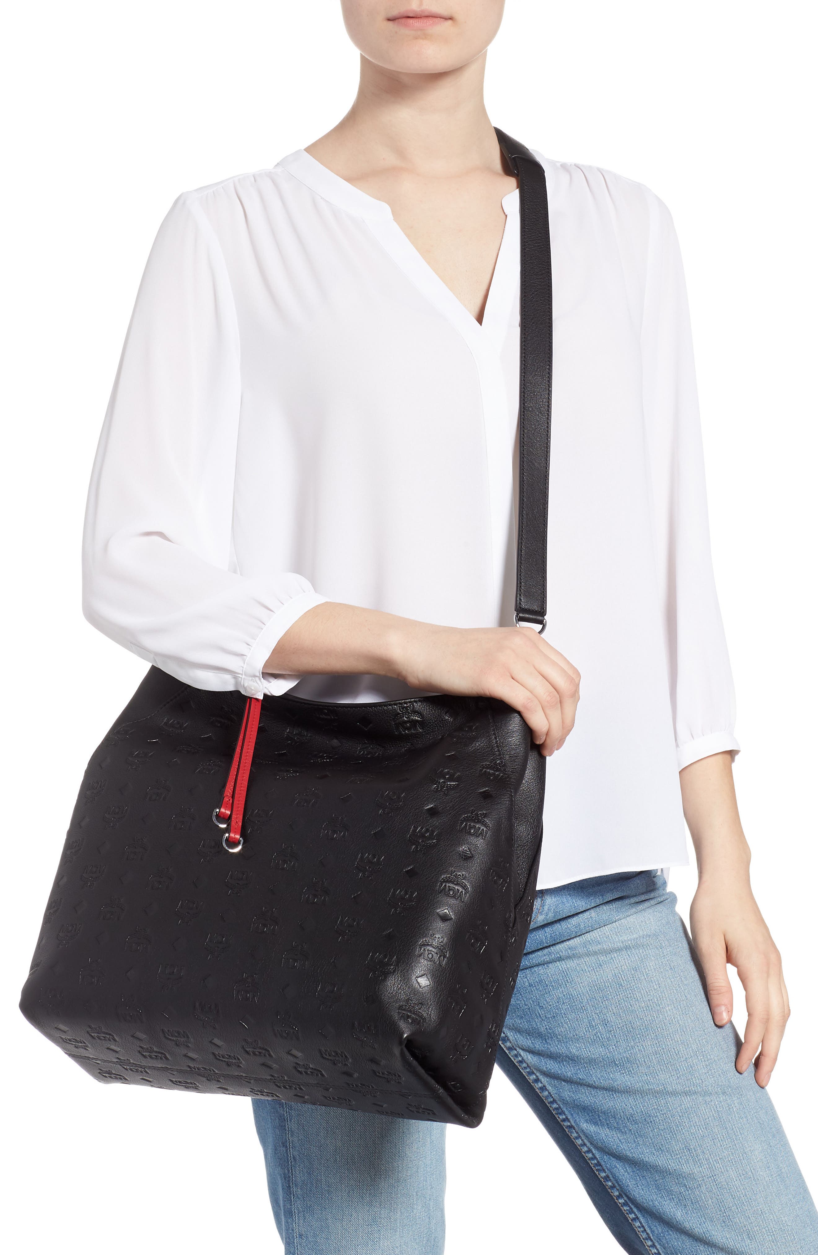 MCM Klara Monogrammed Leather Hobo Bag, Alternate, color, 