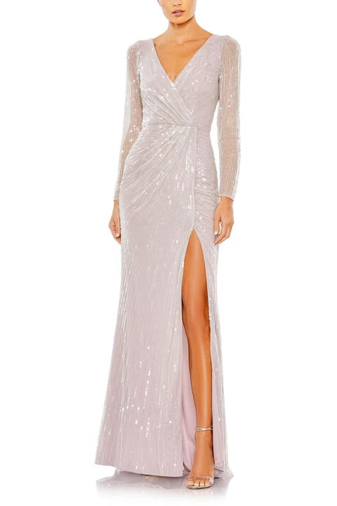 Sequined Faux Wrap Long Sleeve Gown