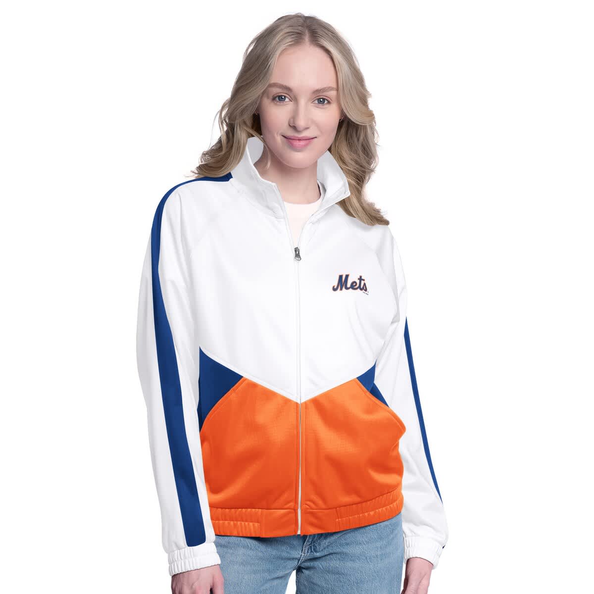 Women'sG-III Sports by Carl Banks White/Royal New York Mets Rally Rhinestone Raglan Full-Zip Track Jacket