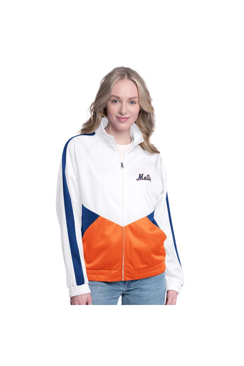 Women's G-III Sports by Carl Banks  White/Royal New York Mets Rally Rhinestone Raglan Full-Zip Track Jacket, Main, color, White