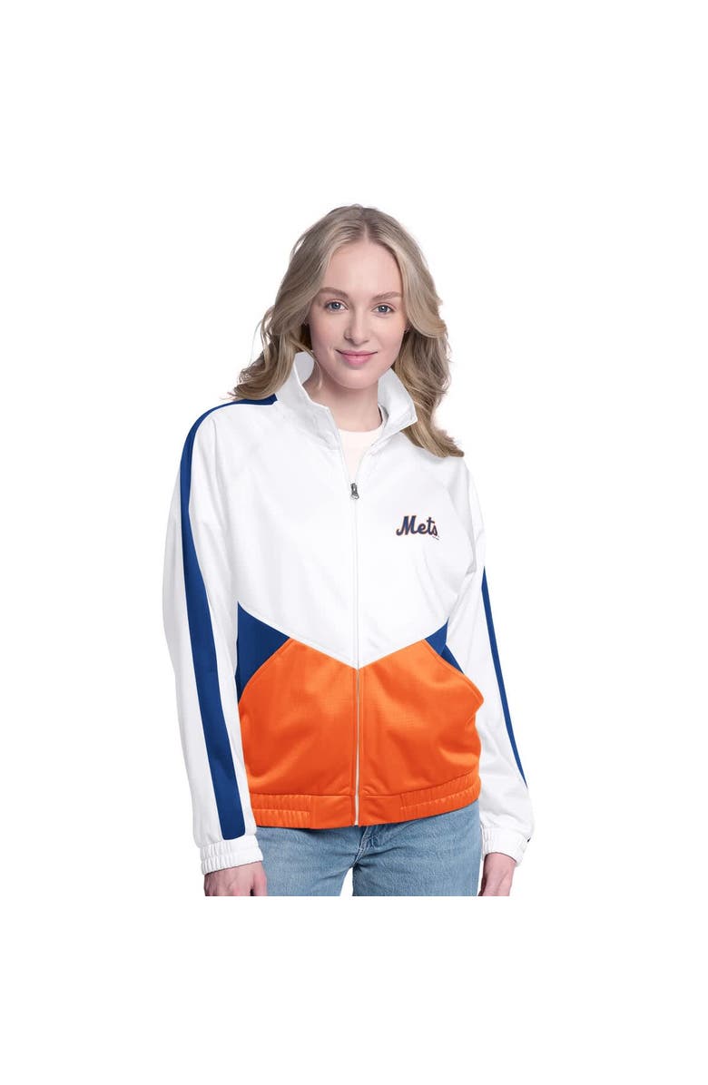 G-III SPORTS BY CARL BANKS Women's G-III Sports by Carl Banks White/Royal New York Mets Rally Rhinestone Raglan Full-Zip Track Jacket, Main, color, White
