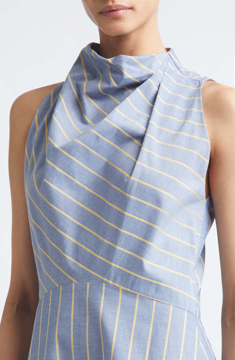 Lela Rose Striped Heathered Cotton & Linen Draped Halter Dress, Alternate, color, Bluebell