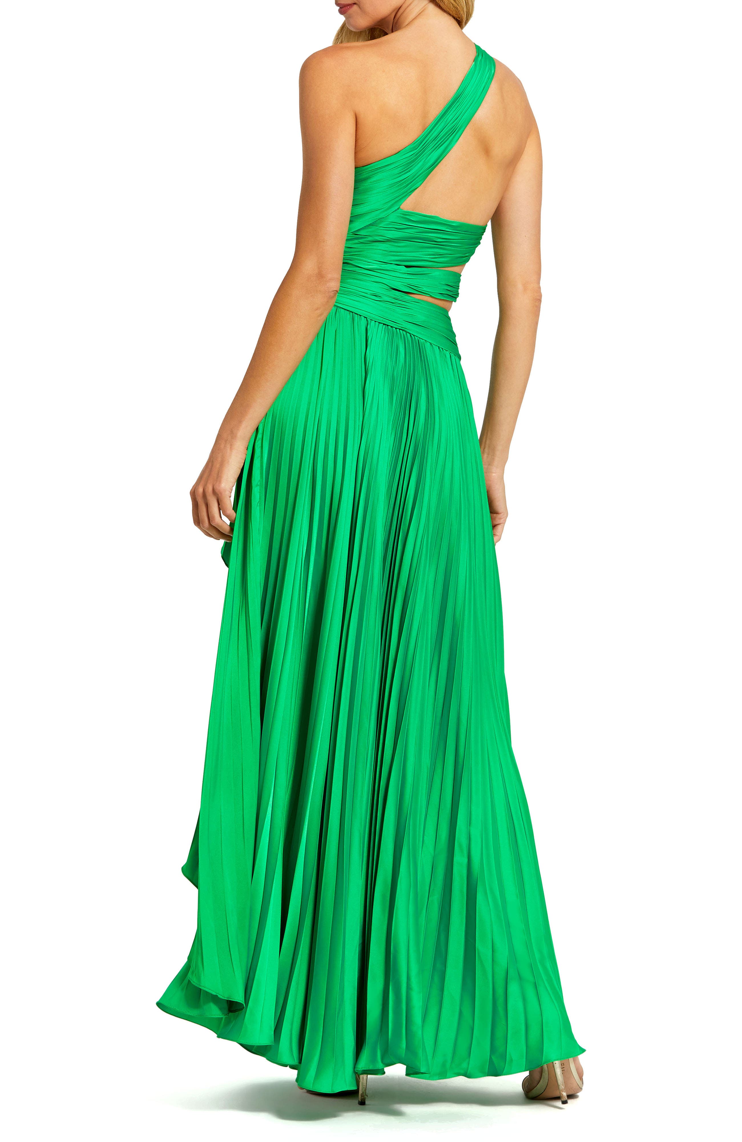 One Shoulder Pleated Charmeuse Gown with Slit - image 4