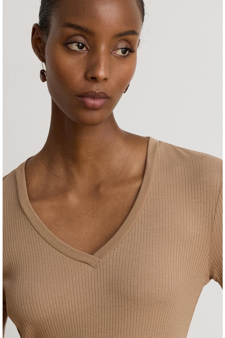 Rib Long Sleeve V-Neck Top, Alternate, color, CAMEL BEIGE