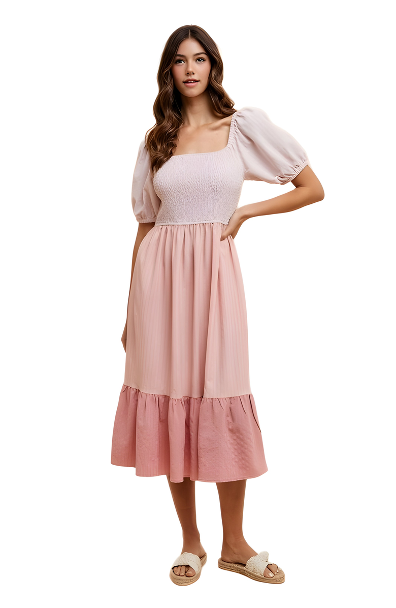 Knit and Lounge Puff Sleeve Midi Dress with Smocked Bodice, Alternate, color,