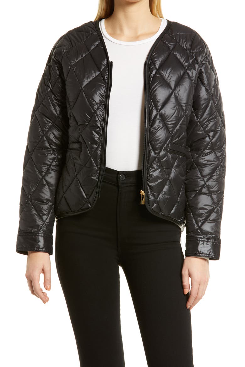 V-Neck Quilted Water Resistant Jacket, Main, color, BLACK