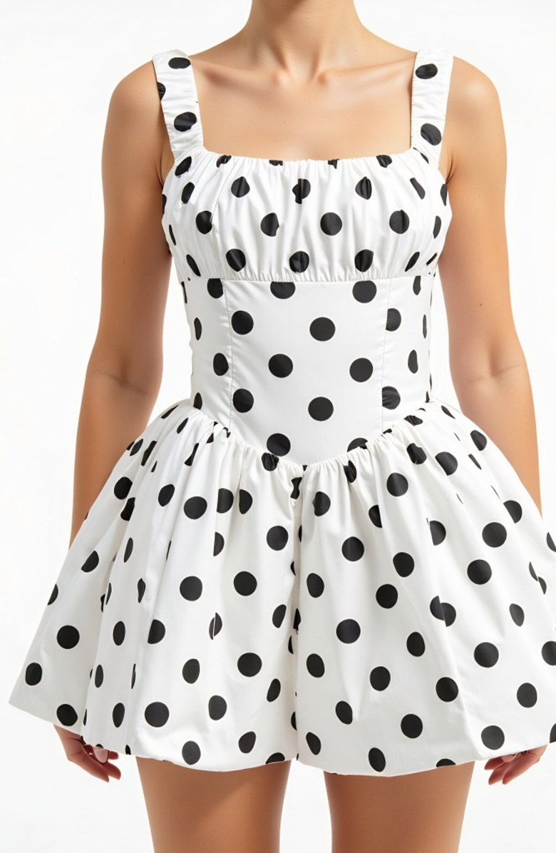 Modenaire Polka Dot Corset Drop Waist Mini Dress, Alternate, color, White / Black Polka Dot